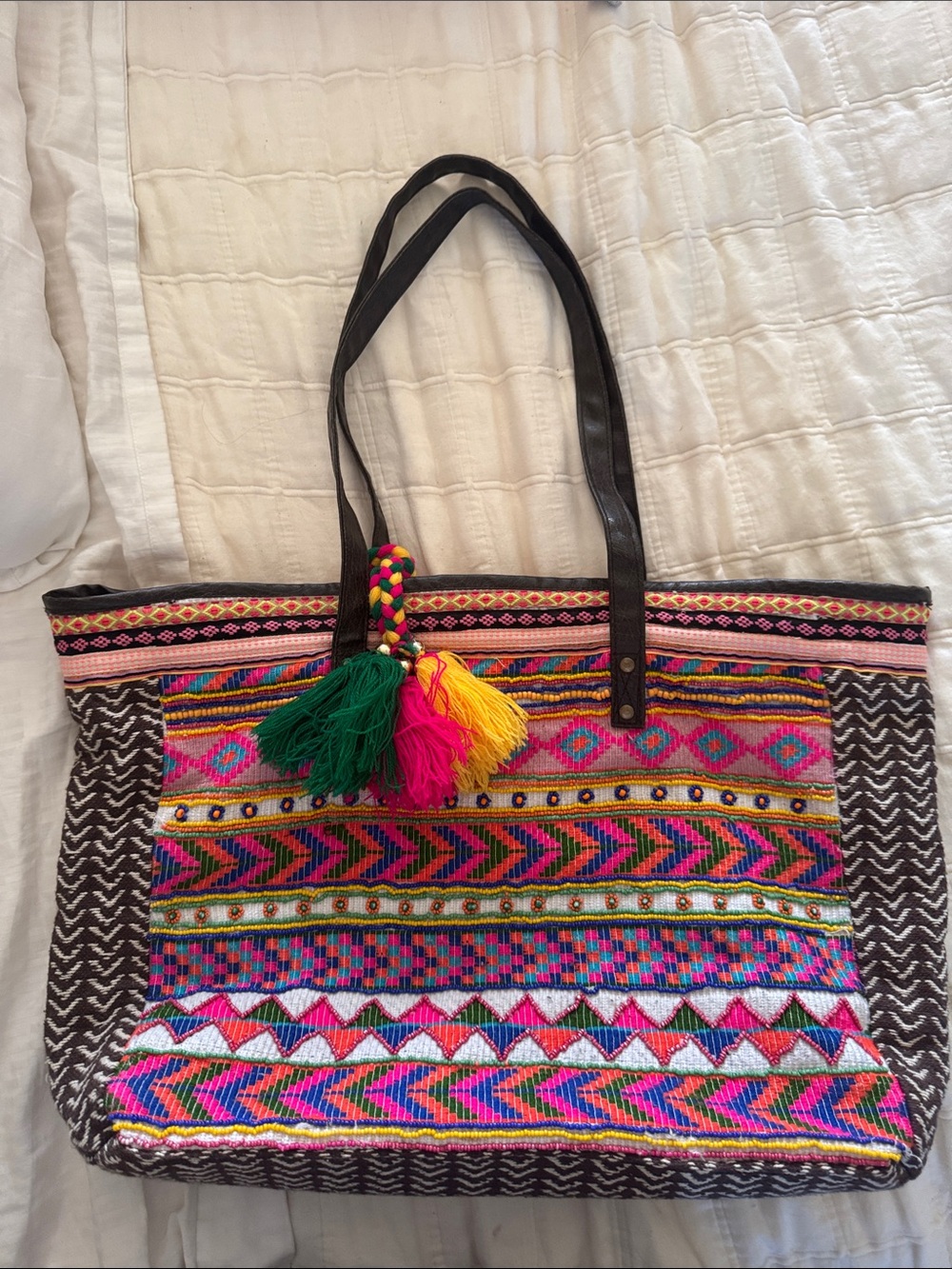 America & Beyond Handwoven Beaded Multicolor Bohemian Tote with Tassel Accent